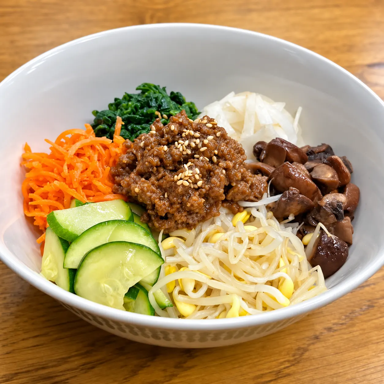 Bibimbap mit Bulgogi-Rind, Karotten, Gurke, Sojasprossen, Spinat und Pilzen auf Reis