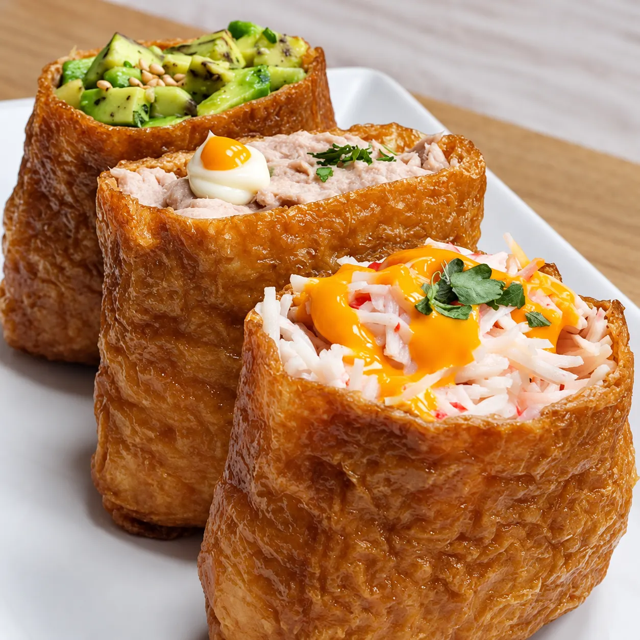 Drei gefüllte Tofu-Taschen mit Avocado, Thunfisch-Mayo und Surimi auf einem Teller